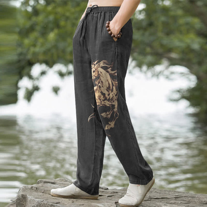 Buddha Stones Pantalon fuselé pour homme en coton à motif de cheval au galop doré, avec poches - image 5