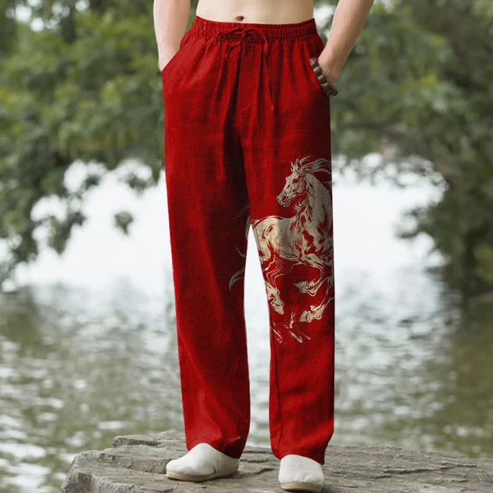 Buddha Stones Pantalon fuselé pour homme en coton à motif de cheval au galop doré, avec poches - Cramoisi - US/UK/AU50，EU60 (5XL) - image 6