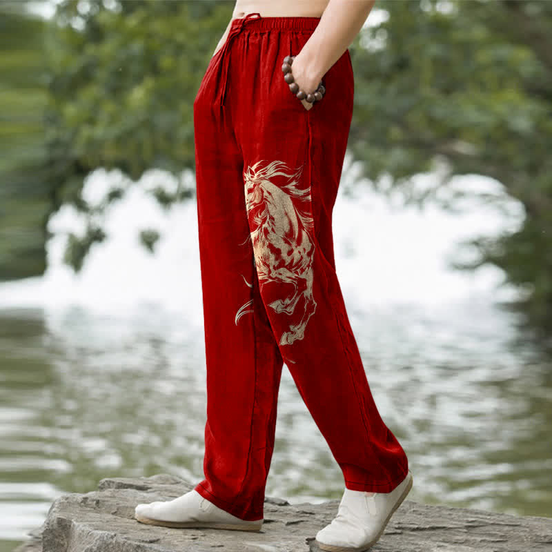 Buddha Stones Pantalon fuselé pour homme en coton à motif de cheval au galop doré, avec poches - image 7