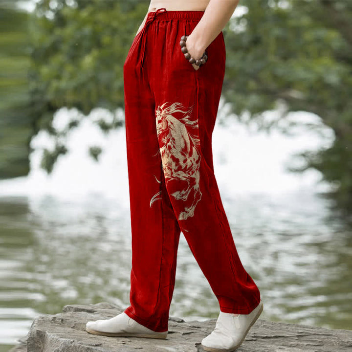 Buddha Stones Pantalon fuselé pour homme en coton à motif de cheval au galop doré, avec poches - image 7