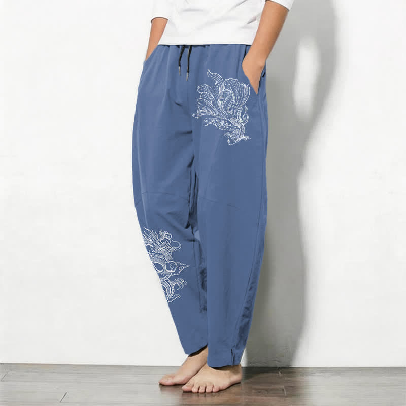Buddha Stones Pantalon fuselé pour homme en pur coton, motif carpe koï et dragon, cordon de serrage et poches - image 1
