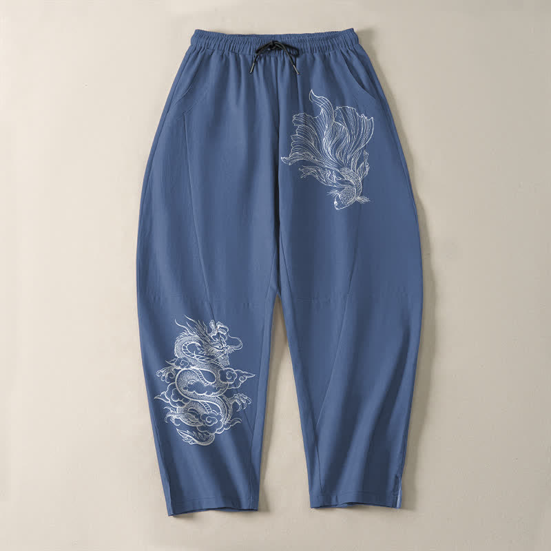 Buddha Stones Pantalon fuselé pour homme en pur coton, motif carpe koï et dragon, cordon de serrage et poches - image 2
