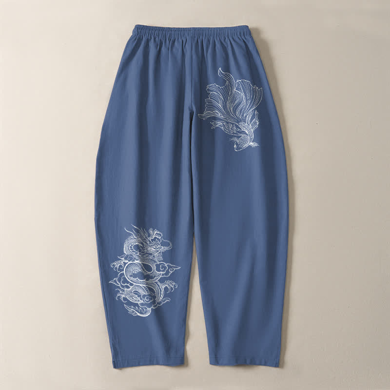 Buddha Stones Pantalon fuselé pour homme en pur coton, motif carpe koï et dragon, cordon de serrage et poches - image 3