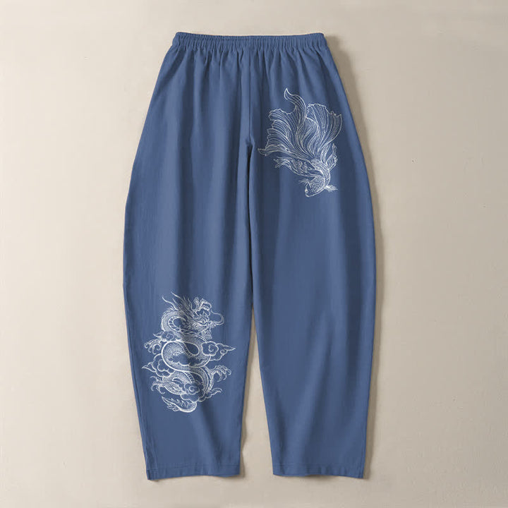 Buddha Stones Pantalon fuselé pour homme en pur coton, motif carpe koï et dragon, cordon de serrage et poches - image 3