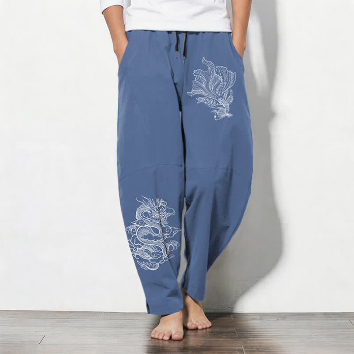 Buddha Stones Pantalon fuselé pour homme en pur coton, motif carpe koï et dragon, cordon de serrage et poches - SteelBlue - US/UK/AU50，EU60 (5XL) - image 0