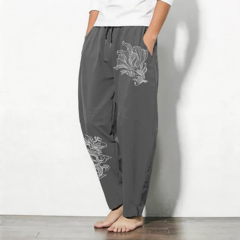 Buddha Stones Pantalon fuselé pour homme en pur coton, motif carpe koï et dragon, cordon de serrage et poches - image 8