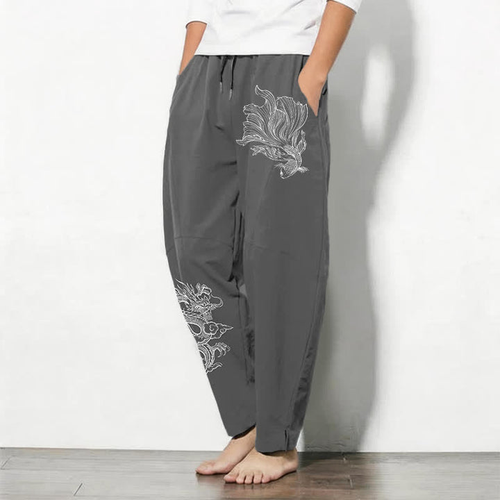 Buddha Stones Pantalon fuselé pour homme en pur coton, motif carpe koï et dragon, cordon de serrage et poches - image 8