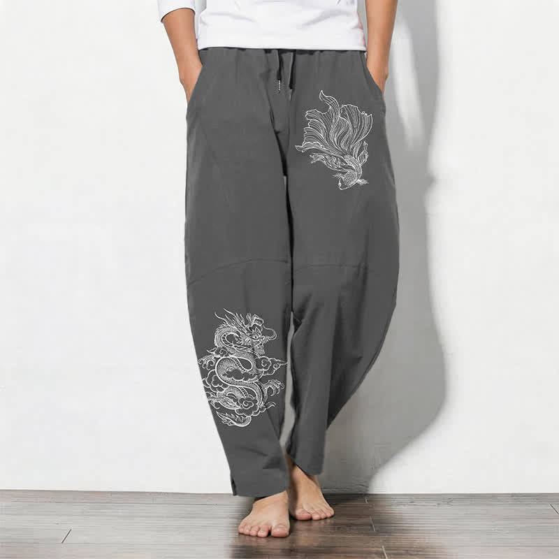 Buddha Stones Pantalon fuselé pour homme en pur coton, motif carpe koï et dragon, cordon de serrage et poches - Gris terne - US/UK/AU50，EU60 (5XL) - image 7
