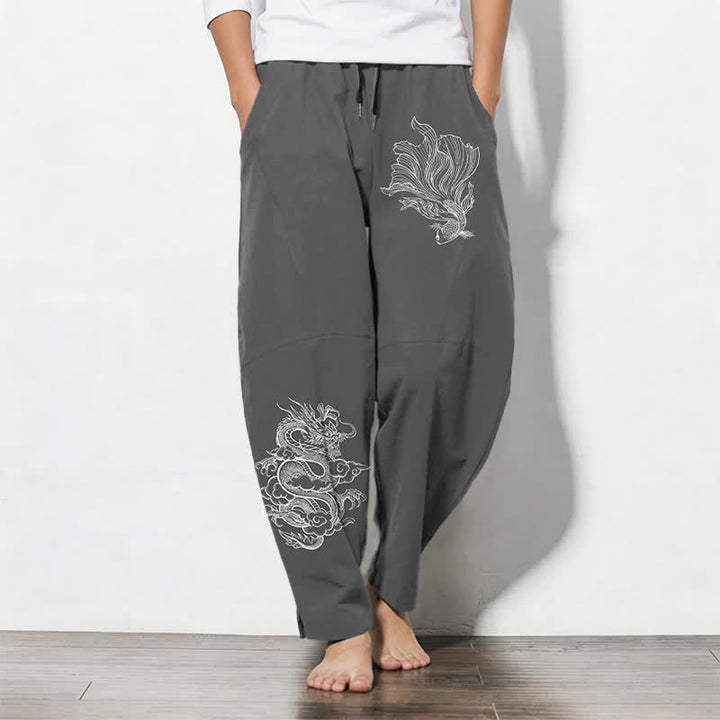 Buddha Stones Pantalon fuselé pour homme en pur coton, motif carpe koï et dragon, cordon de serrage et poches - Gris terne - US/UK/AU50，EU60 (5XL) - image 7