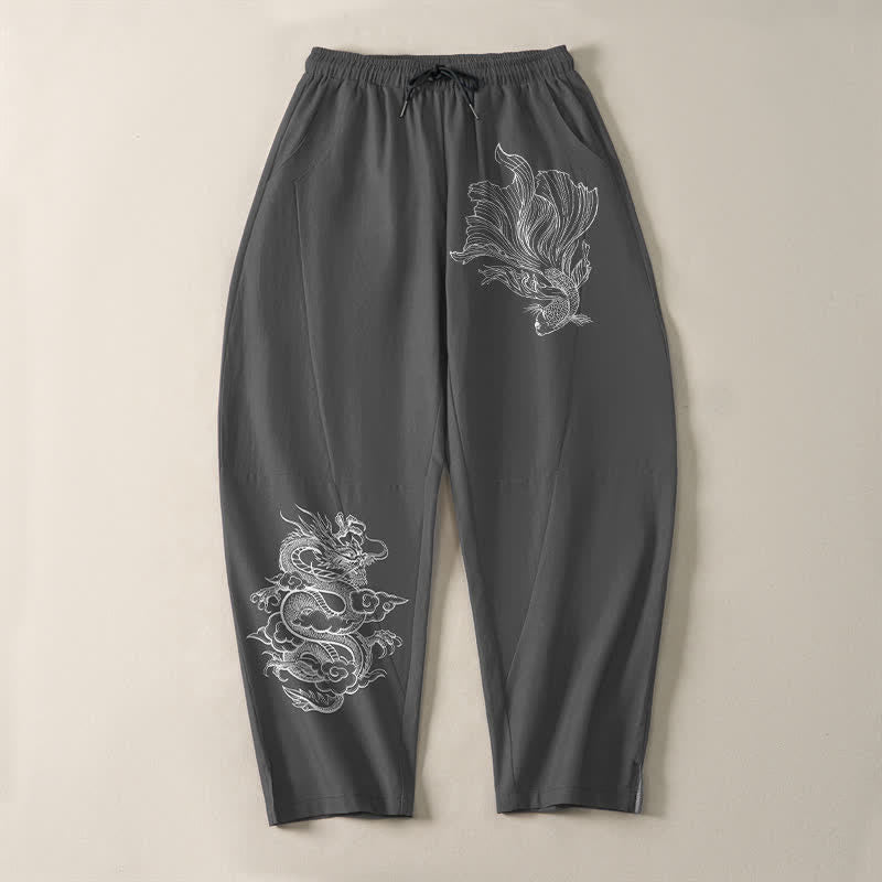 Buddha Stones Pantalon fuselé pour homme en pur coton, motif carpe koï et dragon, cordon de serrage et poches - image 9