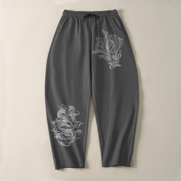 Buddha Stones Pantalon fuselé pour homme en pur coton, motif carpe koï et dragon, cordon de serrage et poches - image 9