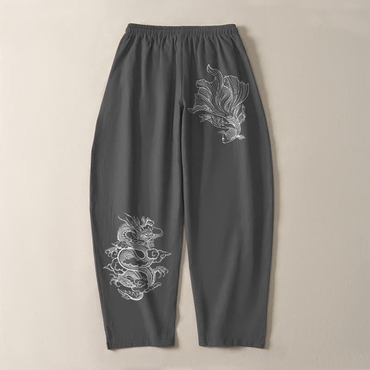 Buddha Stones Pantalon fuselé pour homme en pur coton, motif carpe koï et dragon, cordon de serrage et poches - image 10