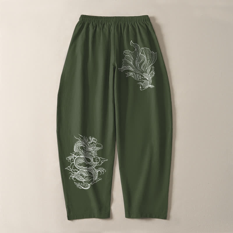 Buddha Stones Pantalon fuselé pour homme en pur coton, motif carpe koï et dragon, cordon de serrage et poches - image 14