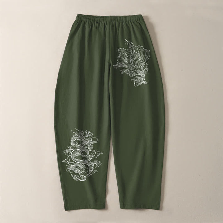 Buddha Stones Pantalon fuselé pour homme en pur coton, motif carpe koï et dragon, cordon de serrage et poches - image 14