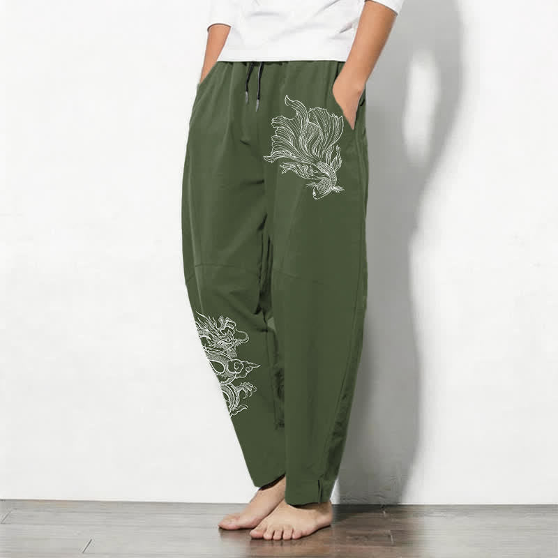 Buddha Stones Pantalon fuselé pour homme en pur coton, motif carpe koï et dragon, cordon de serrage et poches - image 12