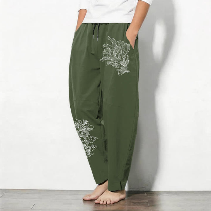 Buddha Stones Pantalon fuselé pour homme en pur coton, motif carpe koï et dragon, cordon de serrage et poches - image 12