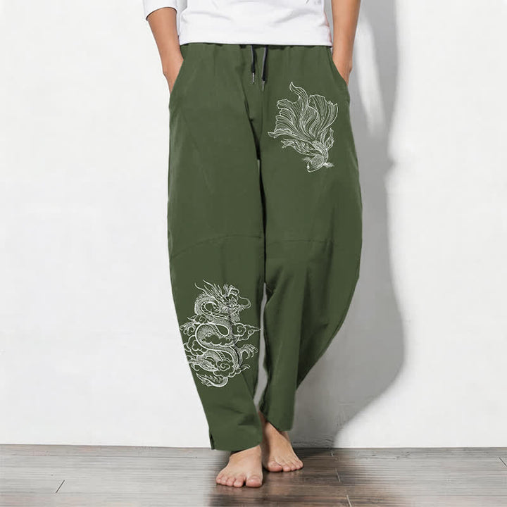 Buddha Stones Pantalon fuselé pour homme en pur coton, motif carpe koï et dragon, cordon de serrage et poches - Vert olive foncé - US/UK/AU50，EU60 (5XL) - image 11