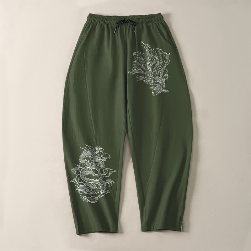 Buddha Stones Pantalon fuselé pour homme en pur coton, motif carpe koï et dragon, cordon de serrage et poches - image 13