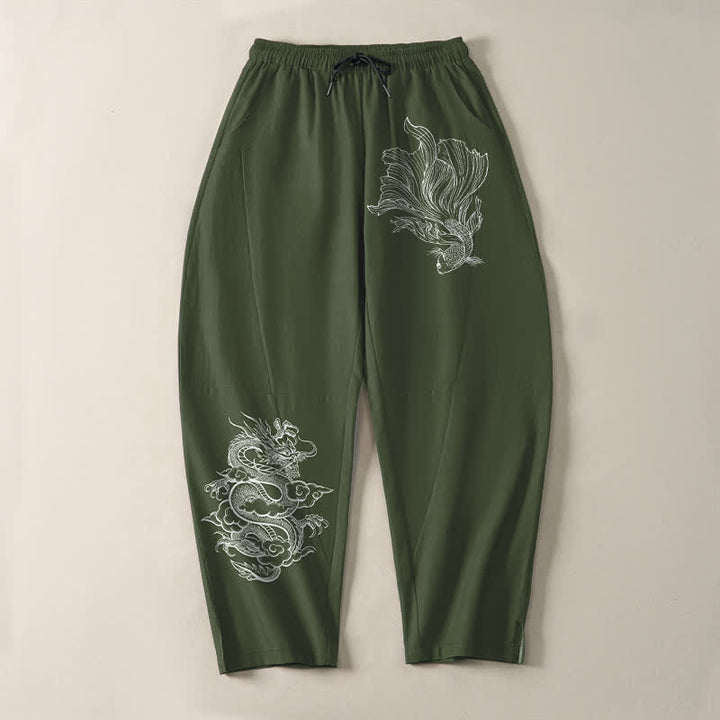 Buddha Stones Pantalon fuselé pour homme en pur coton, motif carpe koï et dragon, cordon de serrage et poches - image 13