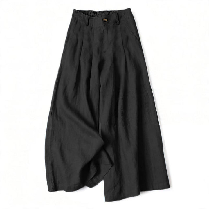 Buddha Stones Pantalon long d'été élégant en coton et lin, taille élastique unie, fermeture éclair et boutons, jambes larges, poches - Noir - US16，UK/AU20，EU48 (3XL) - image 10