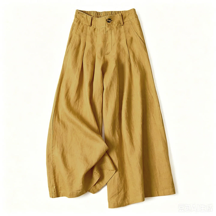 Buddha Stones Pantalon long d'été élégant en coton et lin, taille élastique unie, fermeture éclair et boutons, jambes larges, poches - Jaune - US16，UK/AU20，EU48 (3XL) - image 9