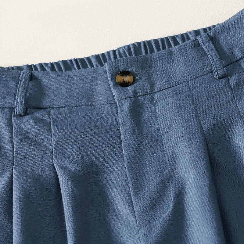 Buddha Stones Pantalon long d'été élégant en coton et lin, taille élastique unie, fermeture éclair et boutons, jambes larges, poches - image 2