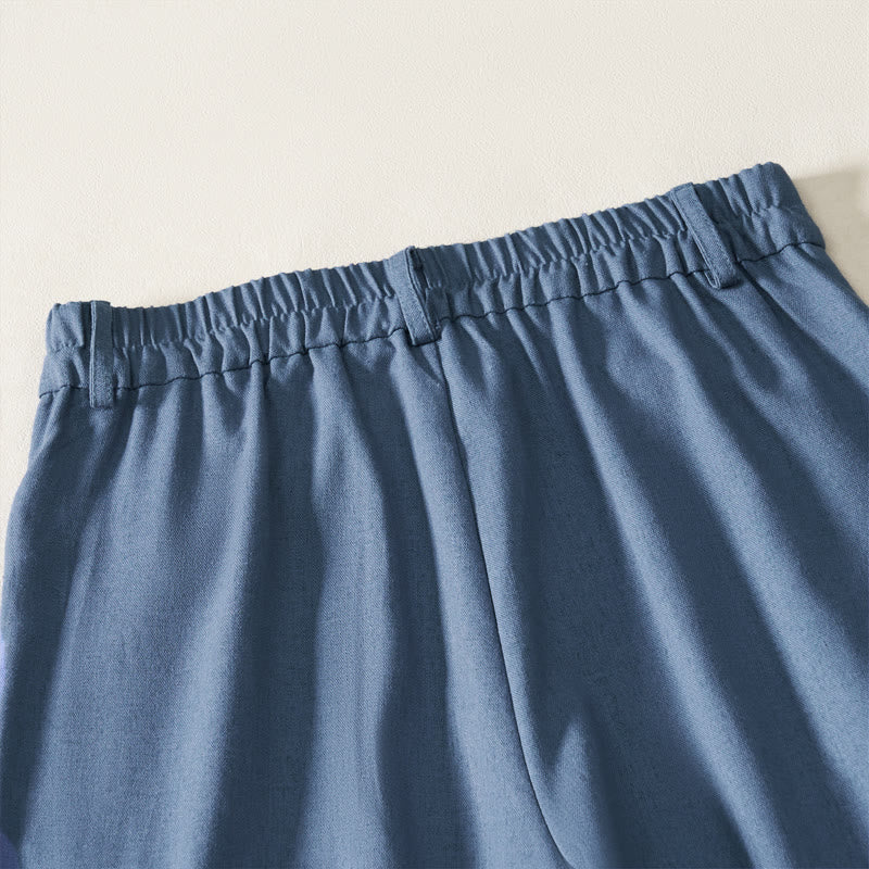 Buddha Stones Pantalon long d'été élégant en coton et lin, taille élastique unie, fermeture éclair et boutons, jambes larges, poches - image 6
