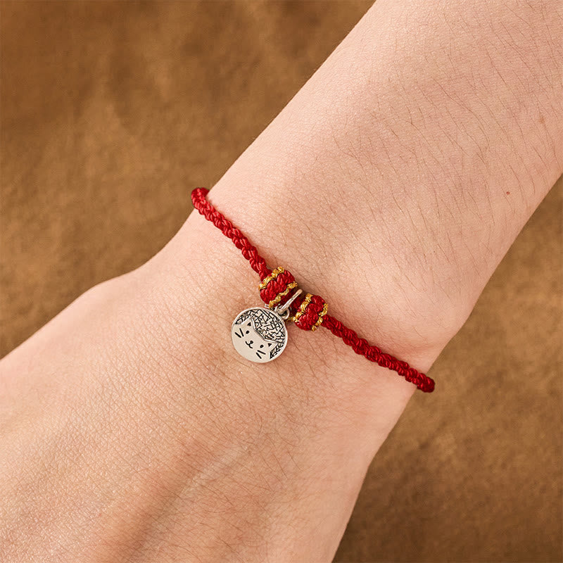 Buddha Stones Bracelet tressé rouge et noir en argent sterling 925 avec pendentif rond représentant un chaton mangeant du poisson, symbole de prospérité. - image 12