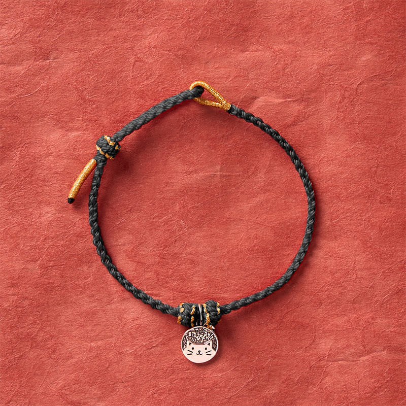 Buddha Stones Bracelet tressé rouge et noir en argent sterling 925 avec pendentif rond représentant un chaton mangeant du poisson, symbole de prospérité. - image 14