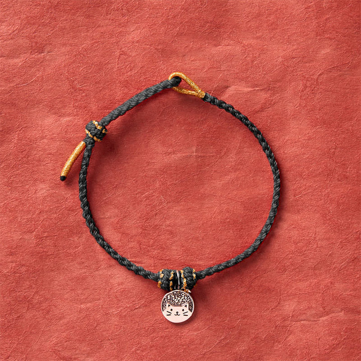 Buddha Stones Bracelet tressé rouge et noir en argent sterling 925 avec pendentif rond représentant un chaton mangeant du poisson, symbole de prospérité. - image 14