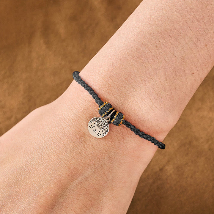 Buddha Stones Bracelet tressé rouge et noir en argent sterling 925 avec pendentif rond représentant un chaton mangeant du poisson, symbole de prospérité. - image 15
