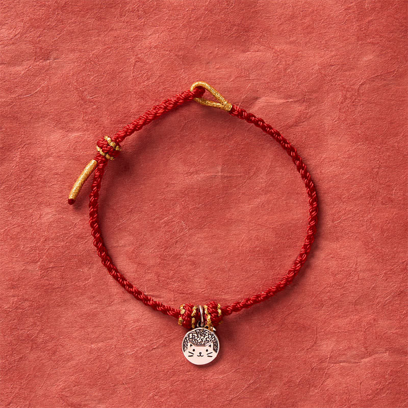 Buddha Stones Bracelet tressé rouge et noir en argent sterling 925 avec pendentif rond représentant un chaton mangeant du poisson, symbole de prospérité. - image 11