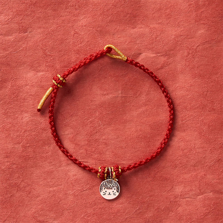 Buddha Stones Bracelet tressé rouge et noir en argent sterling 925 avec pendentif rond représentant un chaton mangeant du poisson, symbole de prospérité. - image 11
