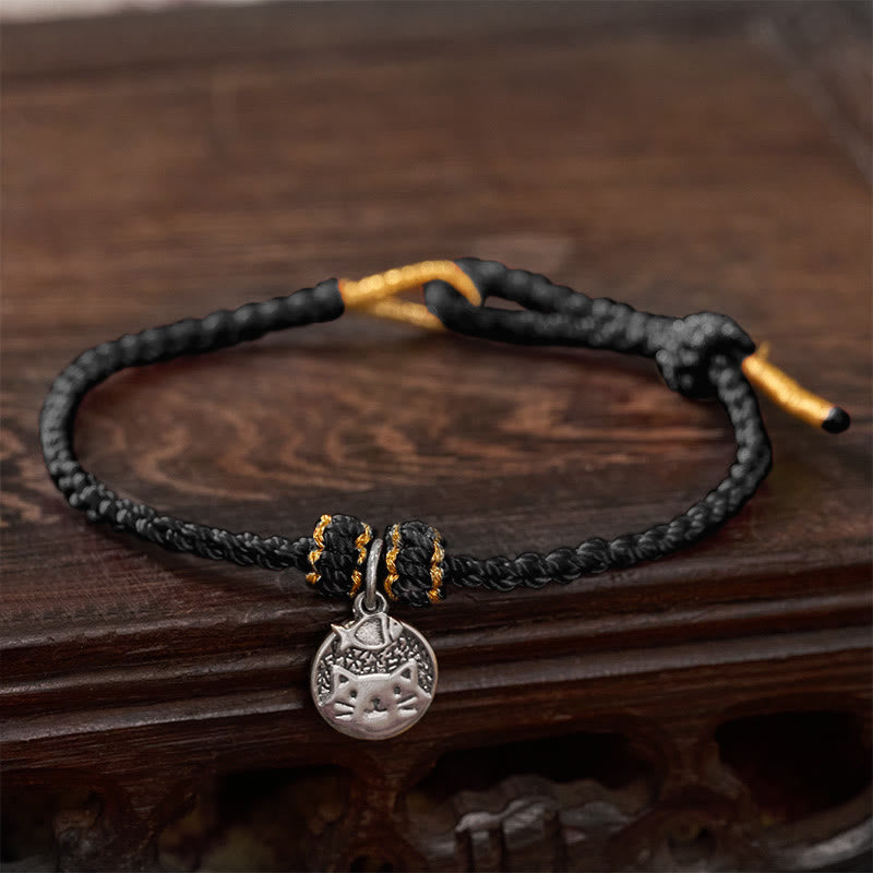 Buddha Stones Bracelet tressé rouge et noir en argent sterling 925 avec pendentif rond représentant un chaton mangeant du poisson, symbole de prospérité. - Noir (Tour de poignet 14–18 cm) - image 13