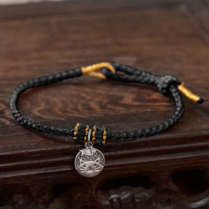Buddha Stones Bracelet tressé rouge et noir en argent sterling 925 avec pendentif rond représentant un chaton mangeant du poisson, symbole de prospérité. - Noir (Tour de poignet 14–18 cm) - image 13