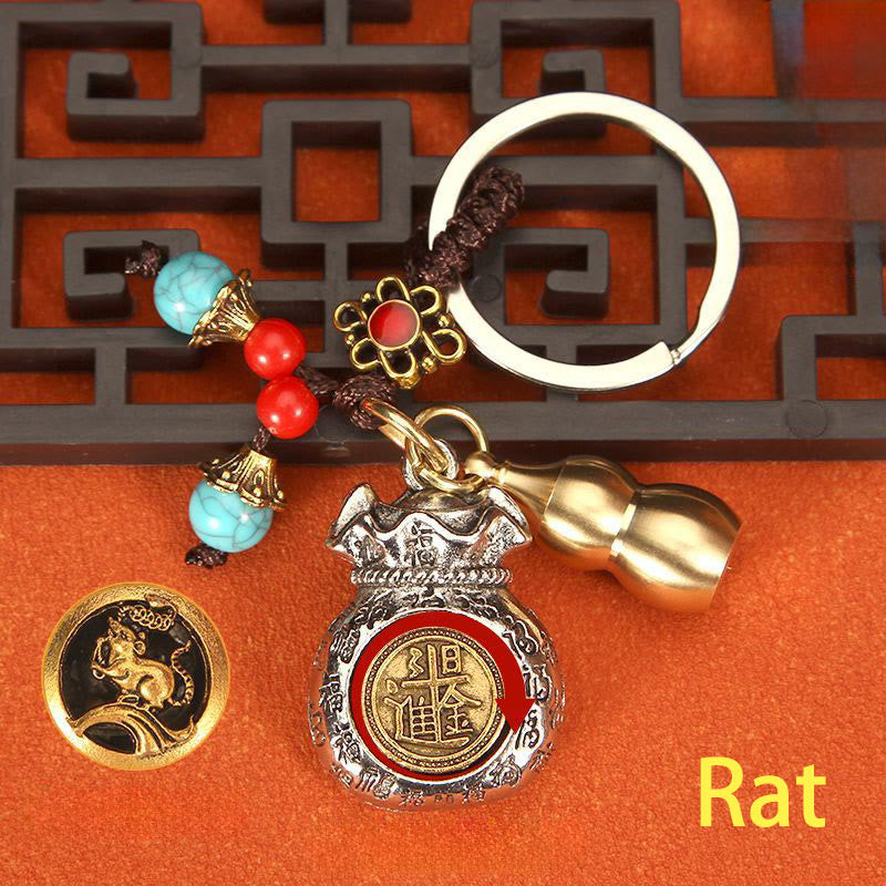 Buddha Stones Porte-clés tressés en forme de sac de fortune rotatif du zodiaque chinois - Rat - image 0