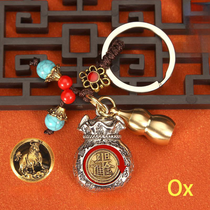Buddha Stones Porte-clés tressés en forme de sac de fortune rotatif du zodiaque chinois - Bœuf - image 1