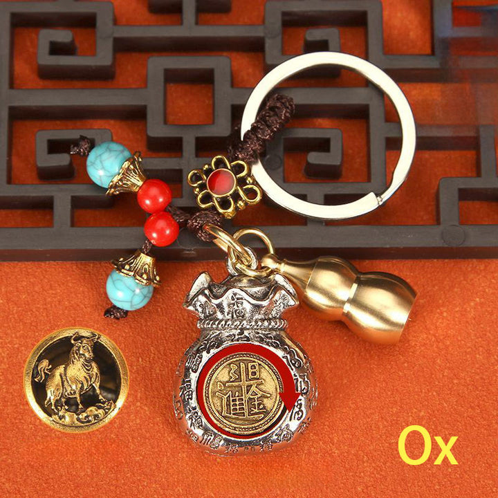 Buddha Stones Porte-clés tressés en forme de sac de fortune rotatif du zodiaque chinois - Bœuf - image 1