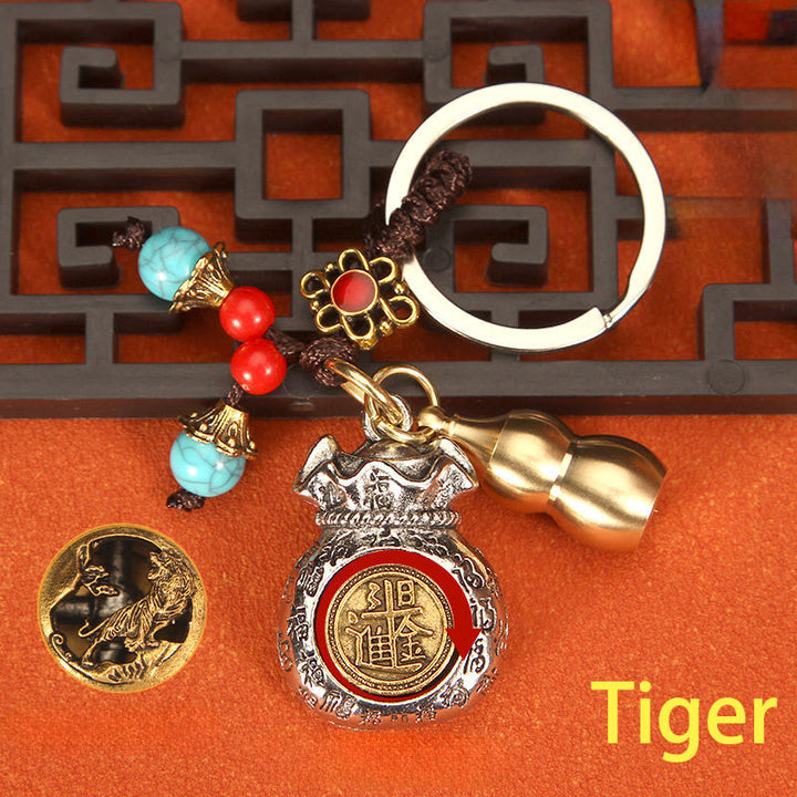 Buddha Stones Porte-clés tressés en forme de sac de fortune rotatif du zodiaque chinois - Tigre - image 2