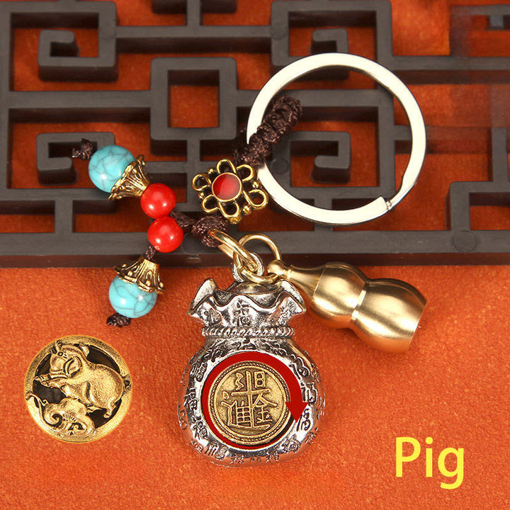 Buddha Stones Porte-clés tressés en forme de sac de fortune rotatif du zodiaque chinois - Cochon - image 19