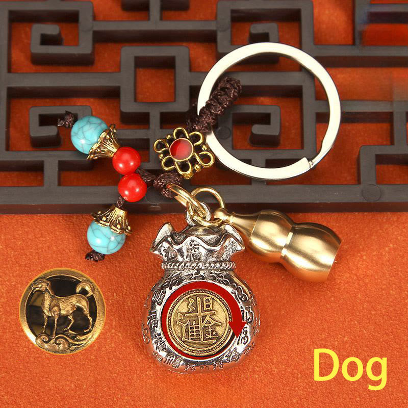 Buddha Stones Porte-clés tressés en forme de sac de fortune rotatif du zodiaque chinois - Chien - image 17