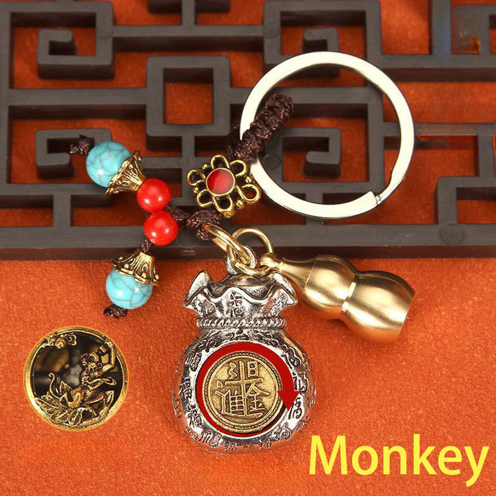 Buddha Stones Porte-clés tressés en forme de sac de fortune rotatif du zodiaque chinois - Singe - image 15