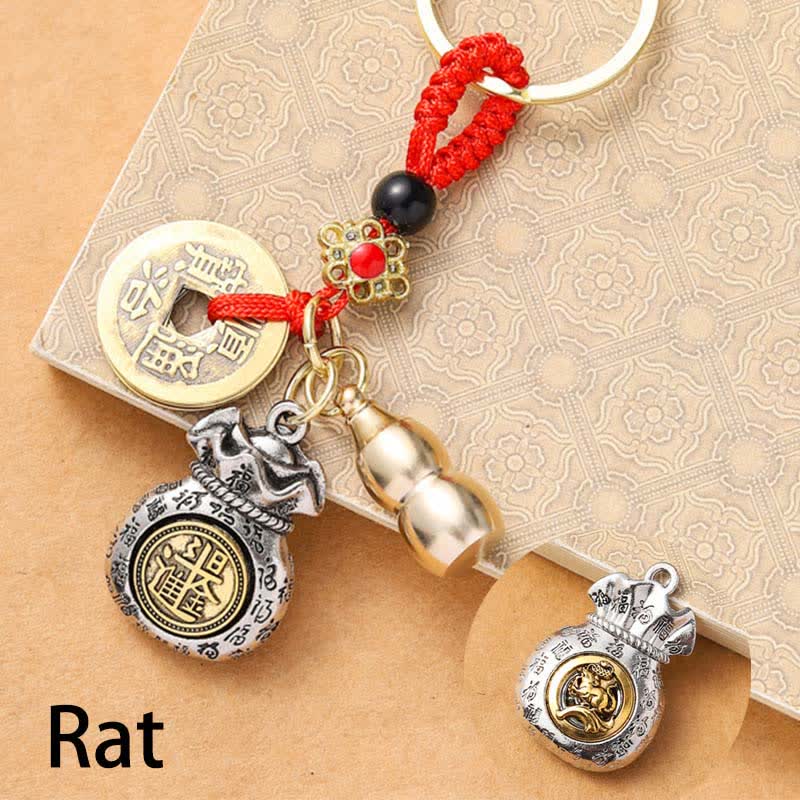 Buddha Stones Porte-clés de protection en cordelette rouge tressée, symboles du zodiaque chinois et des cinq empereurs - Rat - image 1