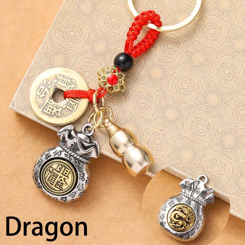 Buddha Stones Porte-clés de protection en cordelette rouge tressée, symboles du zodiaque chinois et des cinq empereurs - Dragon - image 11