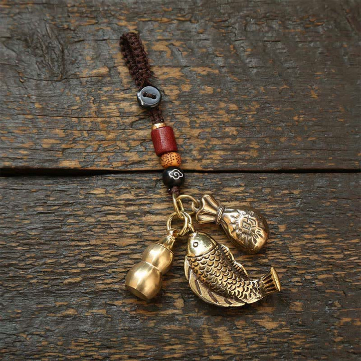 Buddha Stones Porte-clés tressés en laiton en forme de calebasse à carpes koï et de cinq pièces d'empereur, symboles de richesse - Gourde sac d'argent - image 13