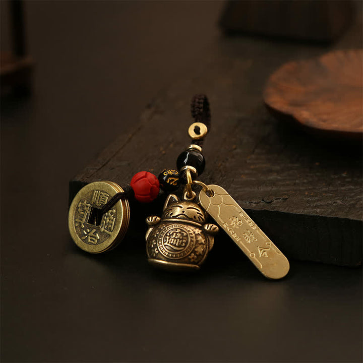 Buddha Stones Porte-clés en laiton représentant un chat porte-bonheur et une pièce chinoise de richesse - image 4
