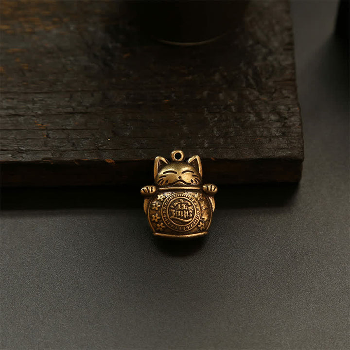 Buddha Stones Porte-clés en laiton représentant un chat porte-bonheur et une pièce chinoise de richesse - image 19
