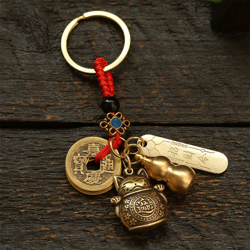 Buddha Stones Porte-clés en laiton représentant un chat porte-bonheur et une pièce chinoise de richesse - Pièces de monnaie Red Cord - image 0
