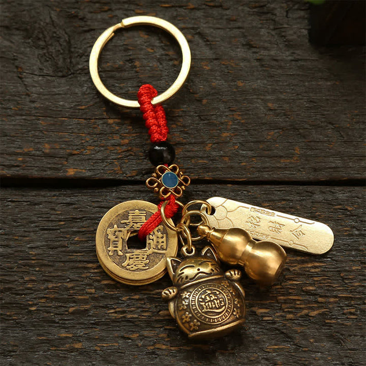 Buddha Stones Porte-clés en laiton représentant un chat porte-bonheur et une pièce chinoise de richesse - Pièces de monnaie Red Cord - image 0
