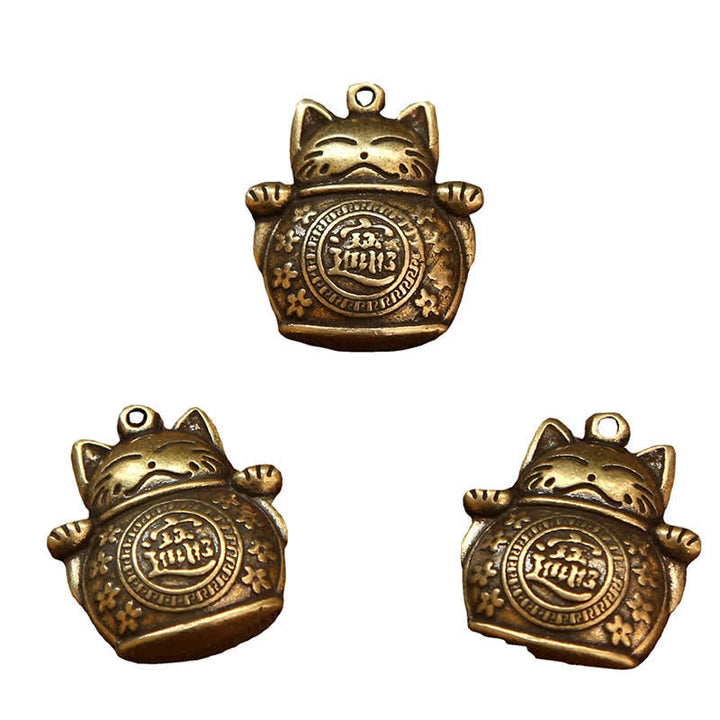Buddha Stones Porte-clés en laiton représentant un chat porte-bonheur et une pièce chinoise de richesse - image 21